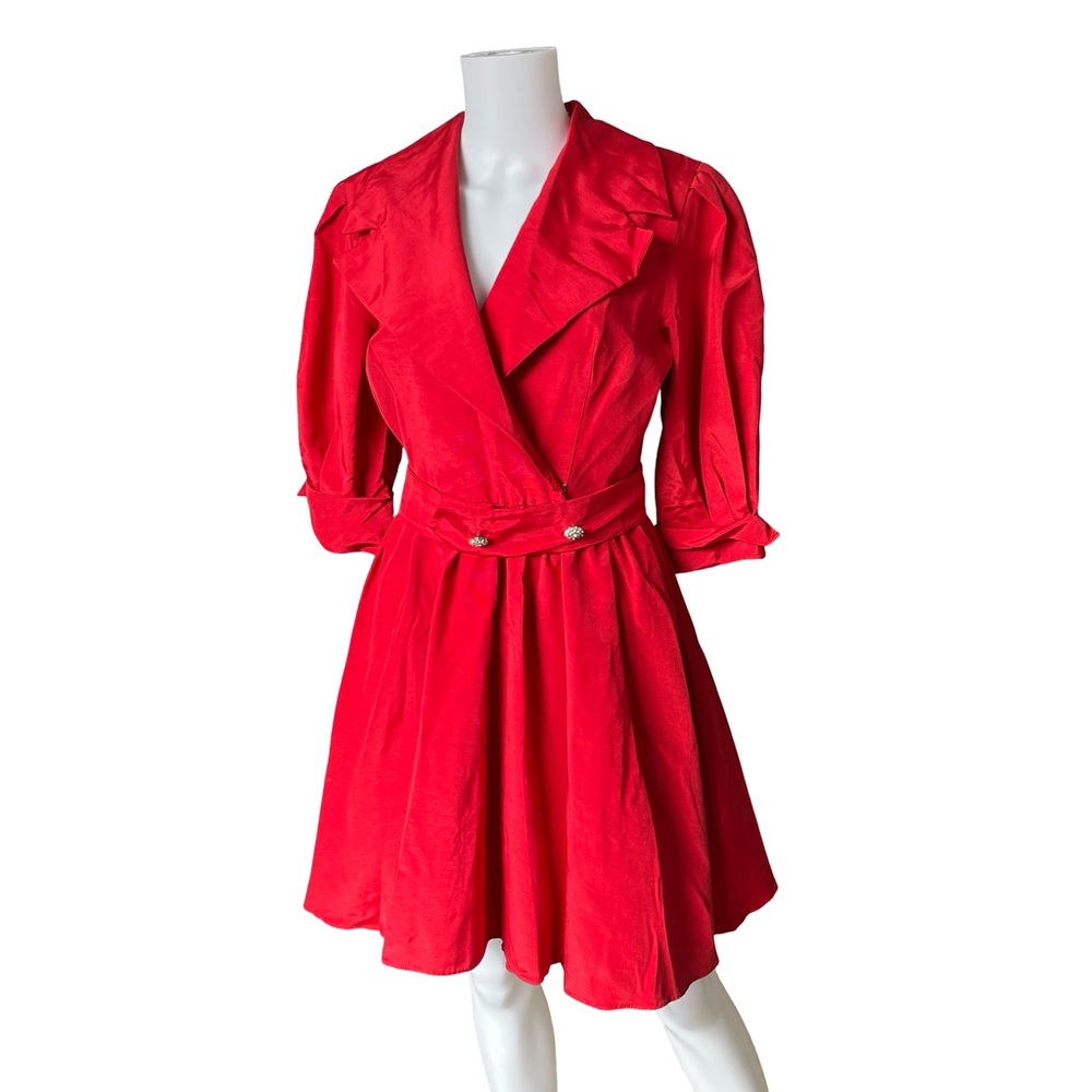 Vintage 70s 80s Red Dress Belted V Neck Tulle Knee Length Size 8